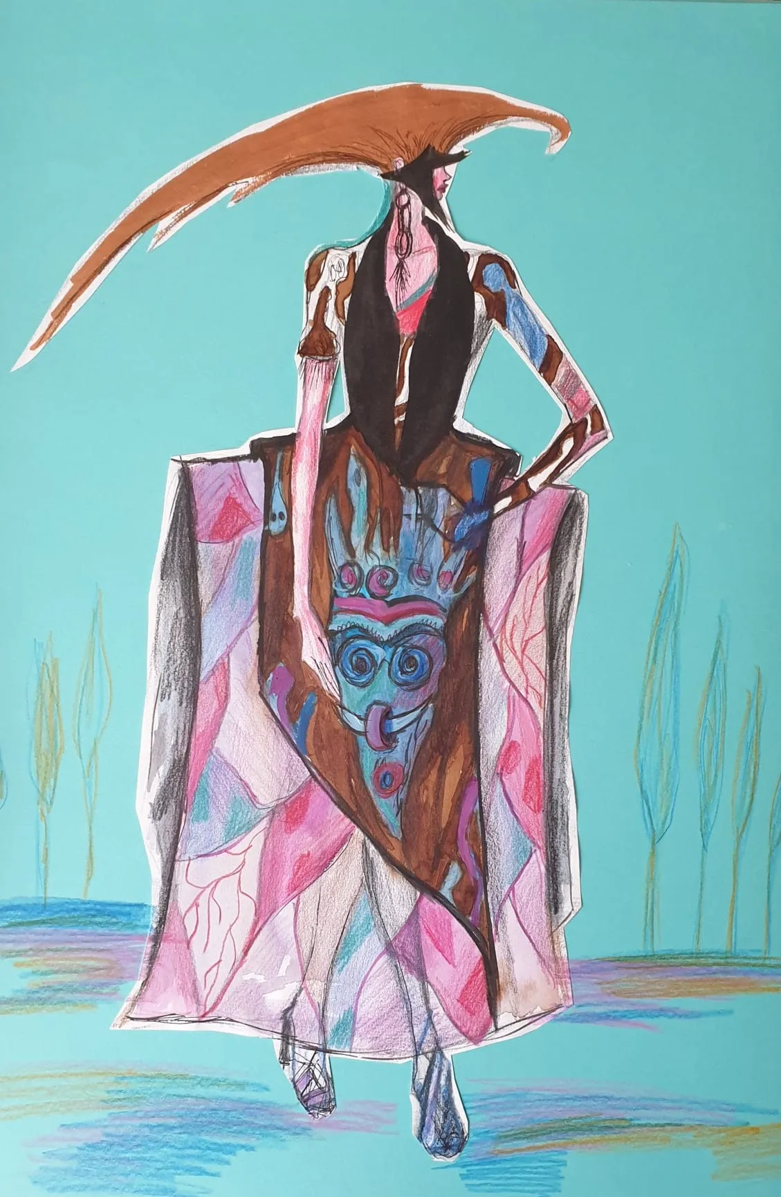 Mihaela's watercolour sketch of a gown with a parasol