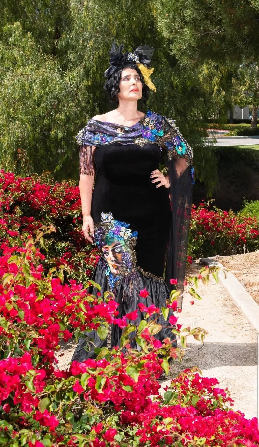Black velvet gown, embroidered