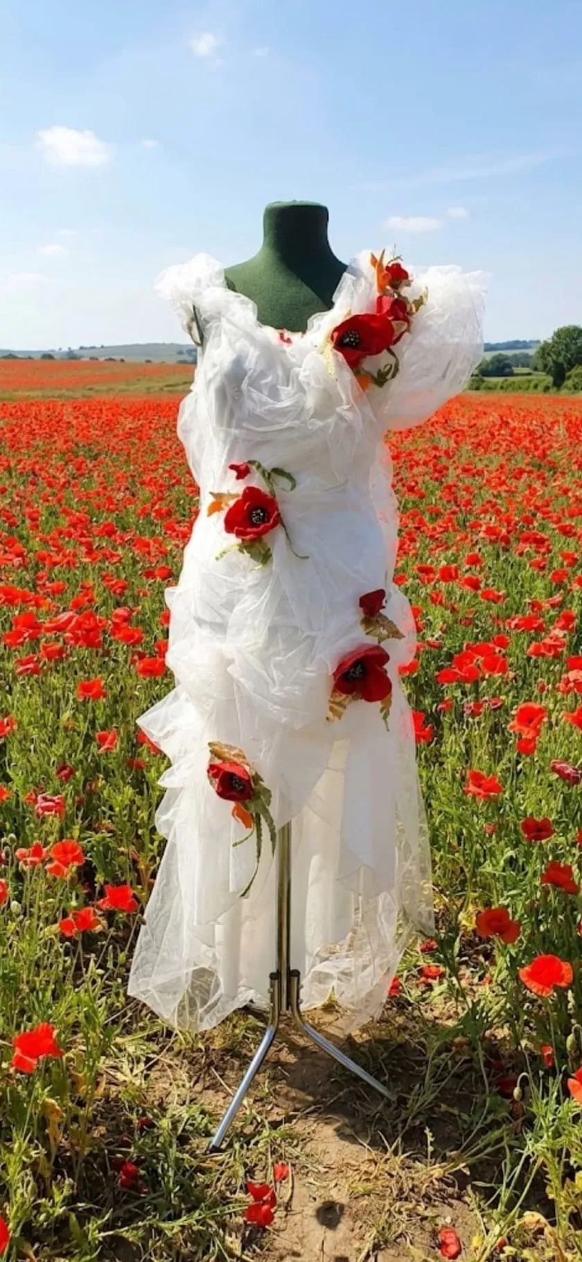 White gown with hand-made poppies by Mihaela Panaitescu